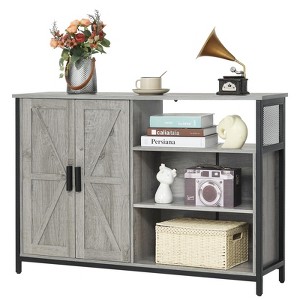 USIKEY Floor Storage Cabinet, Buffet Storage Cabinet with 2 Barn Doors, Industrial Sideboard with Adjustable Shelves, Buffet Table for Dining Room - 1 of 4