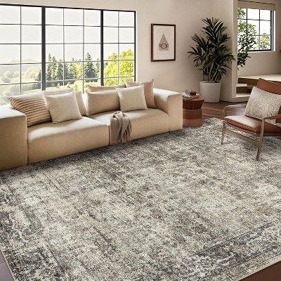 Machine Washable Area Rug, Soft Low Pile Boho Vintage Distressed Rug with Non-Slip Backing for Living Room, Bedroom & Dining Room