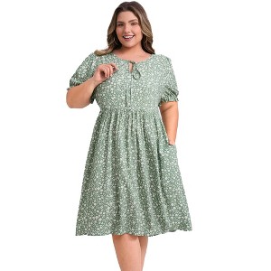 GRACE & GRANDEUR Women's Plus Size Ditsy Floral Print Tie Neck Puff Sleeve A-Line Dress with Elastic Waist - 1 of 4