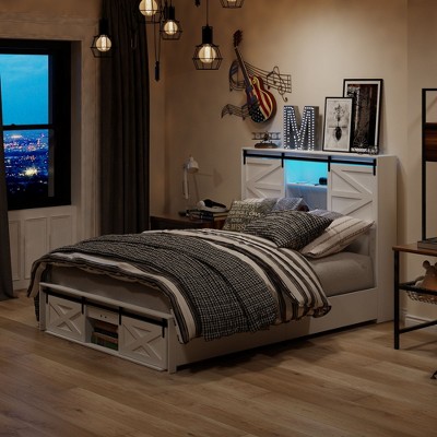 FUFU&GAGA White Storage Platform Bed with Headboard Shelf LED Light Strip & 4 Drawers Queen Size Bed Frame with Charging Station
