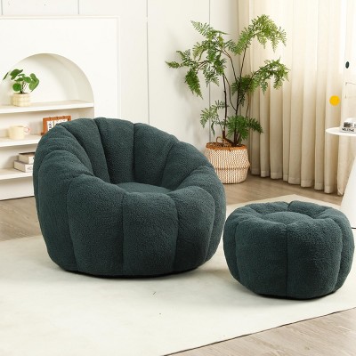 Bouclé Bean Bag Chair with Ottoman, Cozy Foam-Filled Lounge Chair for Adults, Upholstered Teddy Fabric Fuzzy Beanbag Chairs– Cuddlewood