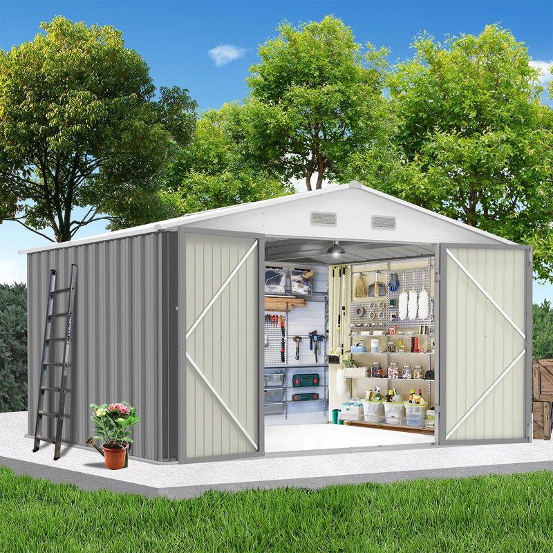 8.6'x10.4' Outdoor Storage Shed, Large Garden Shed, Updated Reinforced and Lockable Doors Frame Metal Storage Shed for Patiofor Backyard, Patio,Grey, 2 of 8