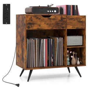 Costway Record Player Stand with Power Outlet, Drawer, Removable Divider Industrial Turntable Display Stand - 1 of 4