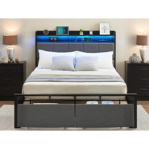 Queen Size Upholstered Platform Bed Frame with Storage Drawers, RGB LED Headboard, USB & Type-C Charging Ports, Velvet Fabric - 1 of 4