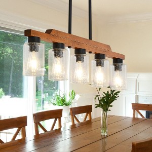BAOURE 3-Light Farmhouse Wood Chandelier - 19.69" Rustic Rectangular Pendant Light - Black with Seed Glass Shades for Kitchen Islands & Dining - 1 of 4