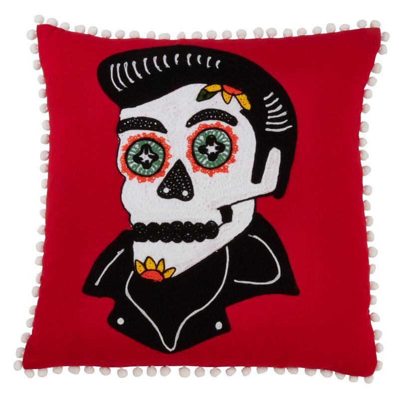 Saro Lifestyle Sugar Skull Pillow - Poly Filled, 18" Square, Red, 1 of 3
