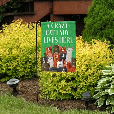 Cat Lady Garden Flag with Colorful Cats and Green Background