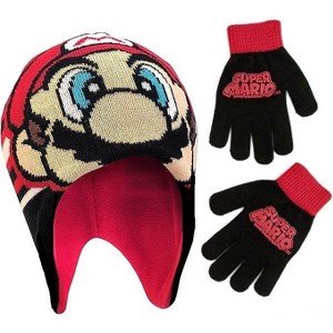 Super Mario Winter Hat and Gloves Set, Kids Ages 4-7 (Black/Red Design) - 1 of 2