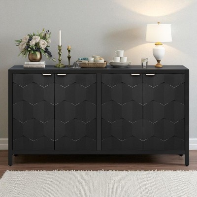 4-Door Sideboard Buffet Cabinet with Honeycomb Patterned MDF Doors, Vintage Metal Handles, Painted Finish, Ample Storage for Dining Room, Kitchen