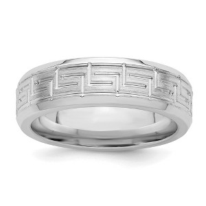 Black Bow Jewelry 6mm Rhodium Plated Sterling Silver Brushed Greek Key Beveled Edge Band - 1 of 4