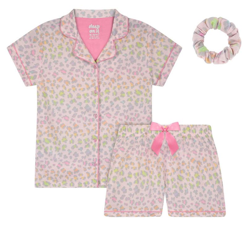 Sleep On It Girls Pastel Leopard 2-Piece Coat Pajama Sleep Set With Matching Scrunchie - Pink, L(14/16), 1 of 8