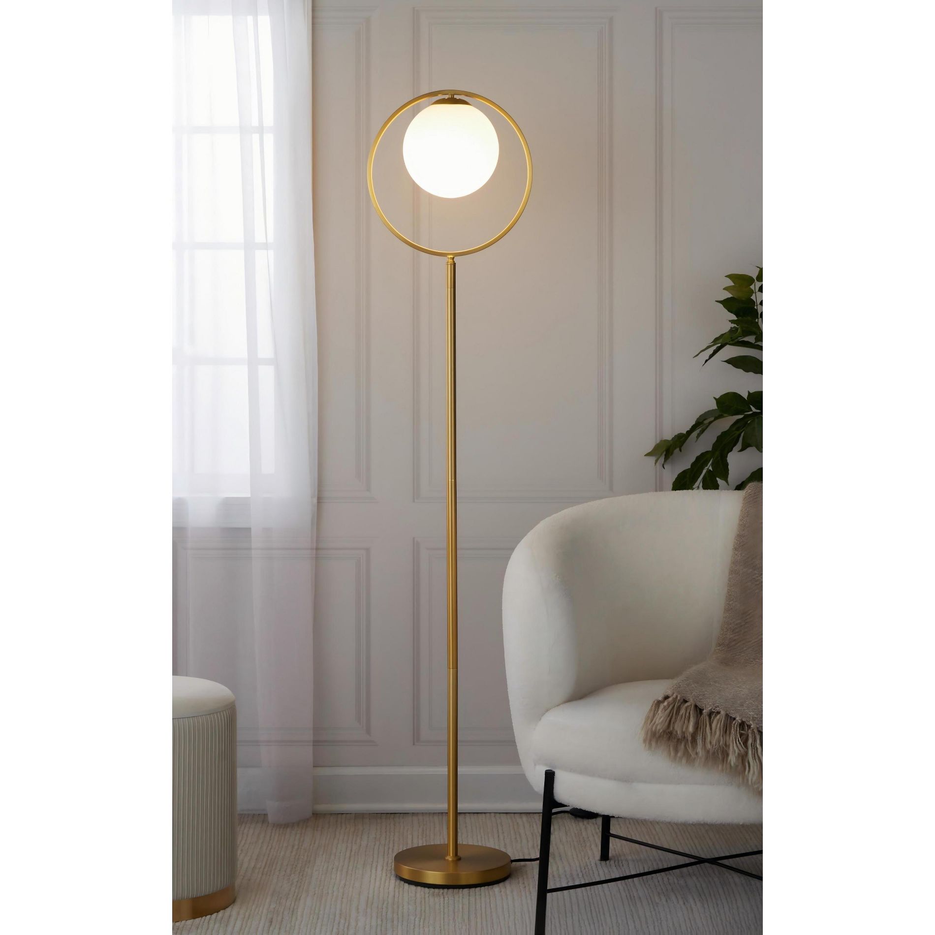 Modern Floor Lamp with Frosted Glass Dome Shade and Metal Accent for Office, Bedroom or Living Area, 60W, In-Line Foot Switch, UL Listed
