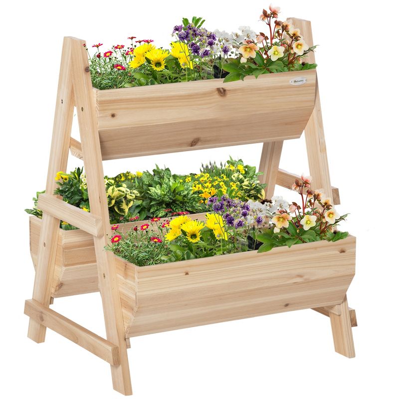 Outsunny Raised Garden Bed, 2 Tier Raised Planter Box with Stand, Nonwoven Fabric for Vegetables, Herbs, Flowers, 27" x 23" x 32", Natural, 1 of 7