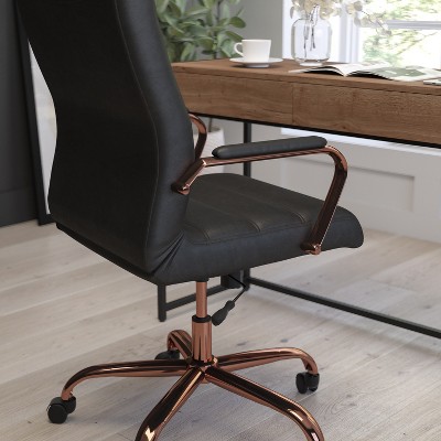 Mid-Back Black Faux Leather Office Chair with Rose Gold Accents