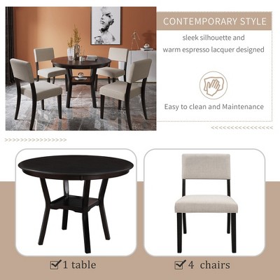 Espresso Round 5-Piece Dining Set with Beige Upholstered Chairs