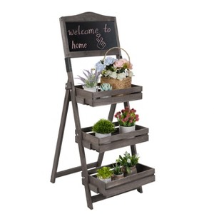 UNHO Freestanding Rustic Chalkboard Display Rack Planter Stand Fold Sign Board with 3 Tiers Storage Shelves for Outdoor Garden Advertisement - 1 of 4