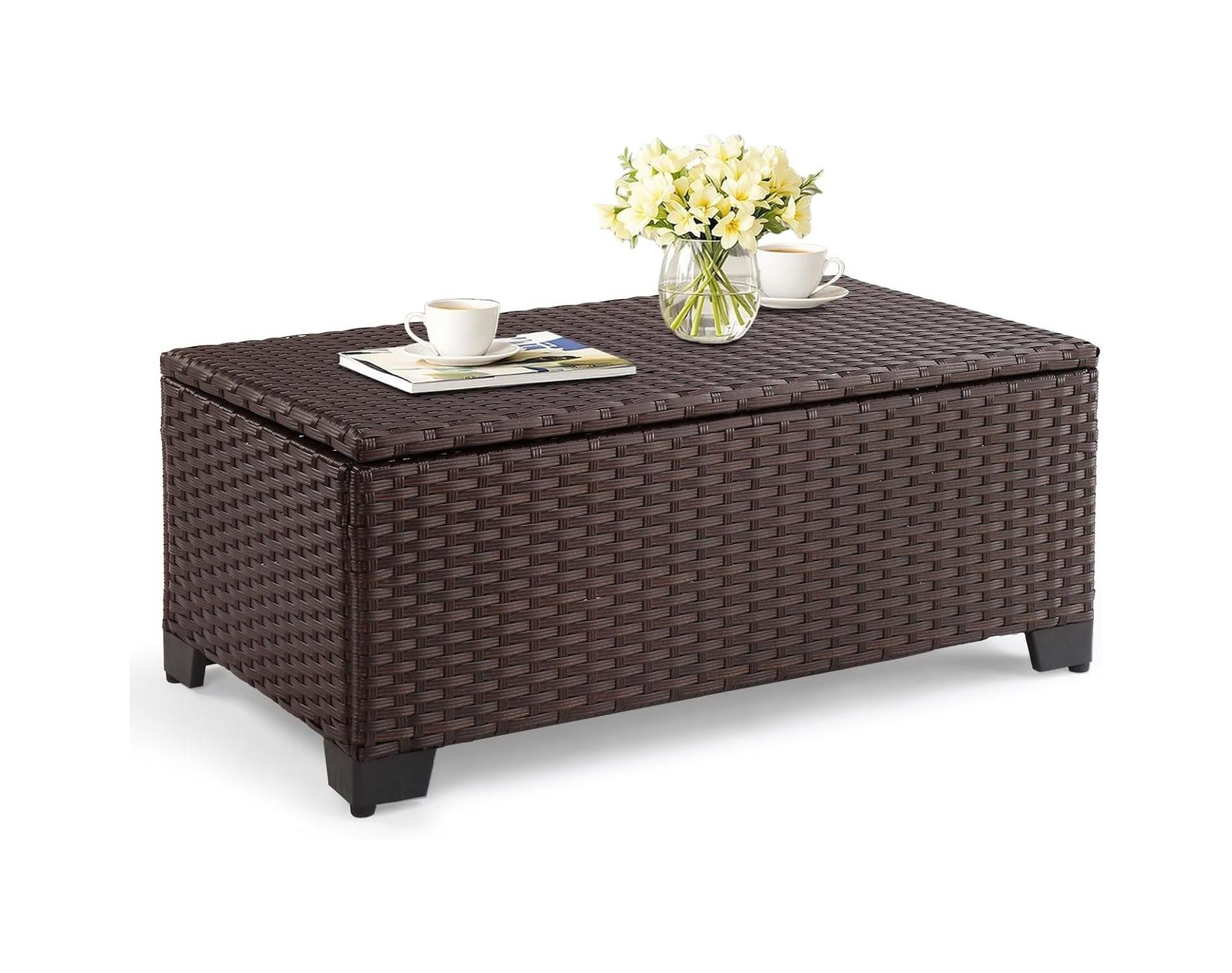 VINGLI Outdoor Coffee Table with Storage, All-Weather Dark Brown Wicker Patio Table for Garden, Balcony, Backyard