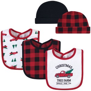 Hudson Baby Infant Boy Cotton Bib and Caps Set 5pk, Christmas Tree Farm, One Size - 1 of 2