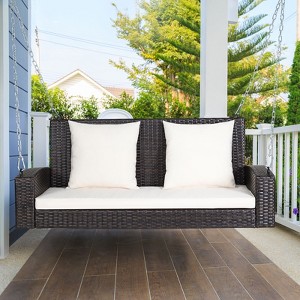 Costway 2-Person Patio Rattan Hanging Porch Swing Bench Chair Cushion Beige\Black\Red\Turquoise - 1 of 4