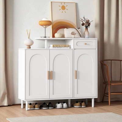 Elegant Shoe Cabinet with Arched Doors and Drawer, Cream Style Storage Sideboard with Adjustable Shelves and Solid Wood Legs for Entryway