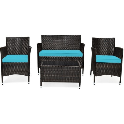 Tangkula 4-Piece Patio Rattan Wicker Conversation Furniture Set Sofa Chair Table Set
