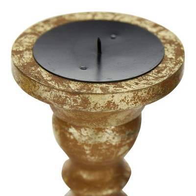 Classic Bronze and Wood Pillar Candle Holders Set of 3