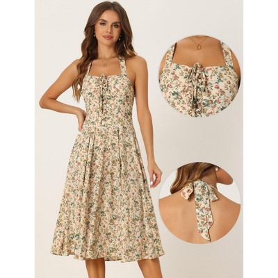Женские платья INSPIRE CHIC Women's Floral Halter Neck Sleeveless Lace Up Midi Summer Sundresses Beige Small — фото 2