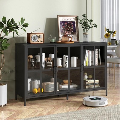 Munora - 3-Door Metal Sideboard Buffet with Glass Doors - Heavy Duty Coffee Bar Cabinet with Adjustable Feet - Black