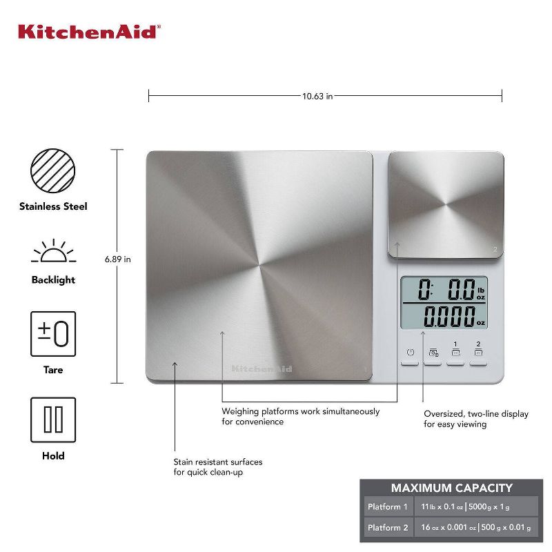 KitchenAid 11lb Dual Platform Kitchen Digital Food Scale Silver, 2 of 9