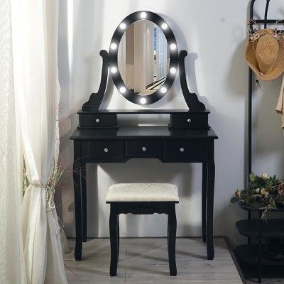 Vanity Desk with Mirror and Lights, Wood Makeup Dressing Table with Oval Mirror & Stool,3 Colors Lighting Modes