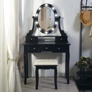Vanity Desk with Mirror and Lights, Wood Makeup Dressing Table with Oval Mirror & Stool,3 Colors Lighting Modes - 1 of 4
