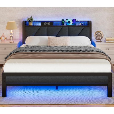 Furnulem Queen Size Bed Frame with Headboard and LED Lights, Upholstered Bedframe with Charging Station and USB Port No Box Spring Needed