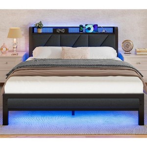 Furnulem Queen Size Bed Frame with Headboard and LED Lights, Upholstered Bedframe with Charging Station and USB Port No Box Spring Needed - 1 of 4