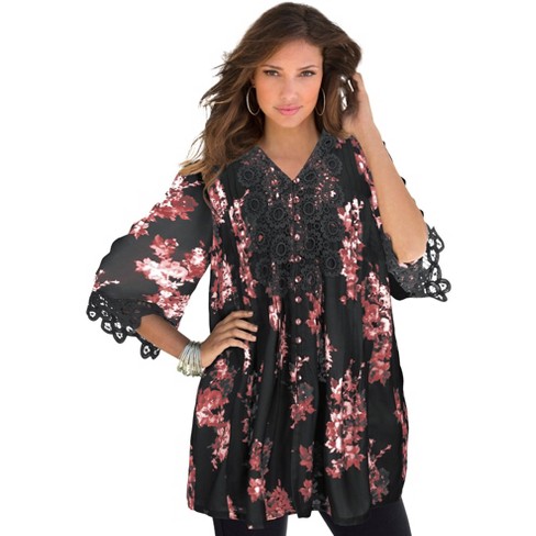 Roaman's Women's Plus Size Juliet Lace Big Shirt - 38 W, Black Watercolor  Bouquet