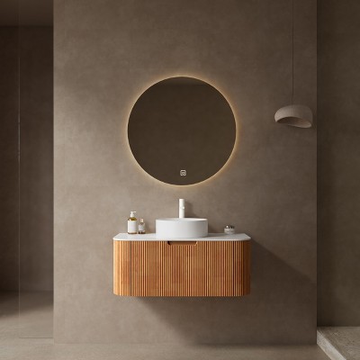 Dolonm Wall-Mounted Floating Curved Edge Vanity with Ceramic Sink, Natural Woodgrain Storage Cabinet with Soft-Close Drawer