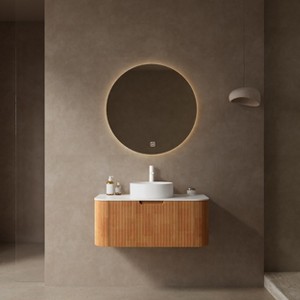 Dolonm Wall-Mounted Floating Curved Edge Vanity with Ceramic Sink, Natural Woodgrain Storage Cabinet with Soft-Close Drawer - 1 of 4