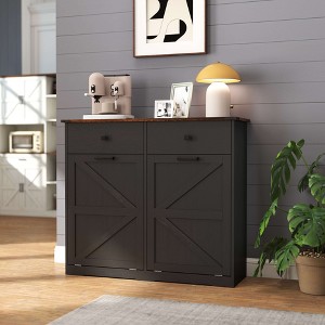 ORRD Farmhouse 20 Gallon Trash Cabinet with Tilt-Out Bins & Hideaway Drawer, Barn Door Style Recycling Station for Kitchen/Laundry（Black） - 1 of 4
