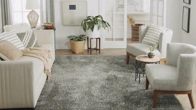 Light Blue Rectangular Shag Rug with Jute Backing