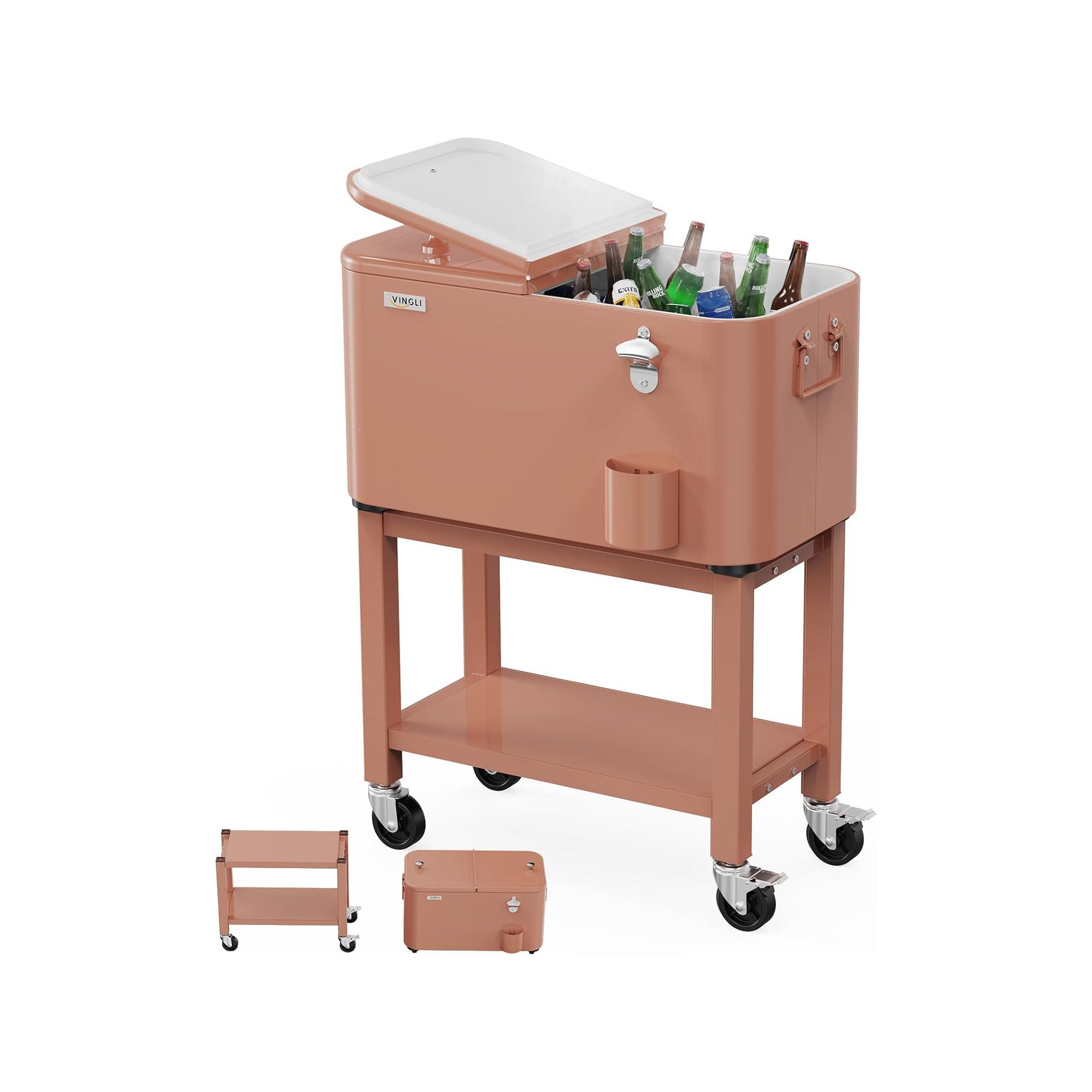 VINGLI Patio Cooler, Rolling Ice Chest on Wheels, Portable Patio Party Bar Drink Cooler Cart Latte