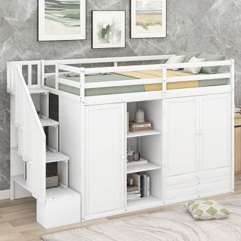 Functional Twin Loft Bed with 3 Shelves, 2 Wardrobes, 2 Drawers and Ladder with Storage-ModernLuxe