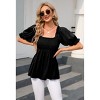 Coolmee Women's Casual Floral Printed Pleated Square Neck Tops Tie Back Cropped Top Summer Long Lantern Sleeve Shirt Blouse L Black - 2 of 4