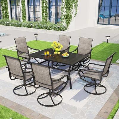Captiva Designs 7pc Black Outdoor Dining Steel Table & Padded Textilene Swivel Chairs
