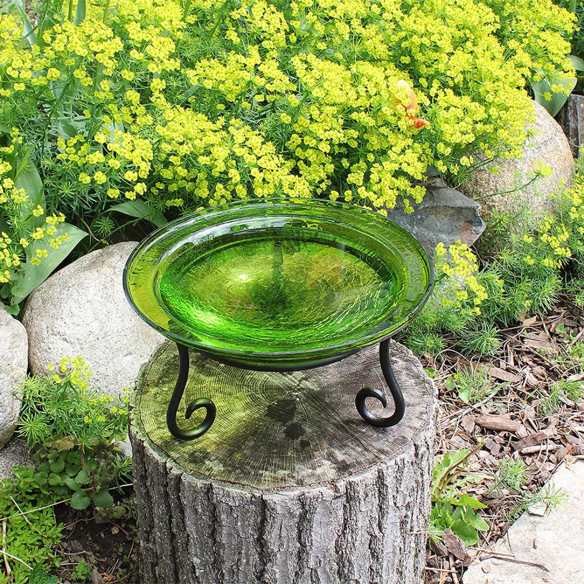 7" Reflective Crackle Glass Birdbath Bowl with Short Stand - Achla Designs: - thumbnail 2