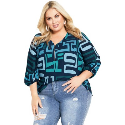 Avenue Women's Plus Size Meila Zip Print Top