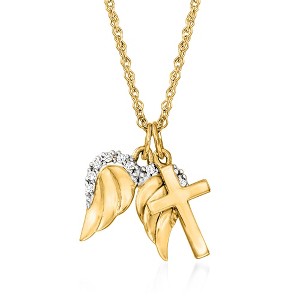 Ross-Simons 14kt Yellow Gold Cross and Angel Wings Pendant Necklace With Diamond Accents - 1 of 4