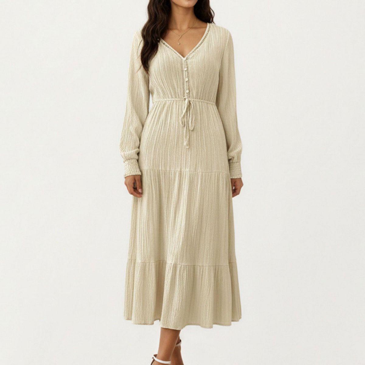 Anna-Kaci Women's Pleated V-Neck Dress with Long Sleeves and Waist Tie