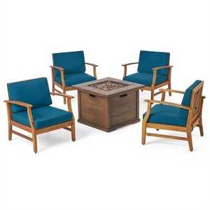 Christopher Knight Home Havana Outdoor Acacia Wood 5 Piece Club Chair and Fire Pit Set with Cushions - 1 of 4