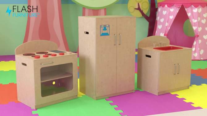 Flash Furniture Children's Wooden Kitchen Set - Stove, Sink and Refrigerator for Commercial or Home Use - Safe, Kid Friendly Design, 2 of 18, play video