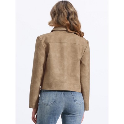 Allegra K Women's Faux Leather Zip Up Long Sleeve Vintage Moto Biker Jackets X-Large Tan — фото 3