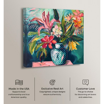 Vibrant Tropical Flowers in Teal Vase Canvas Art, 40" x 40"
